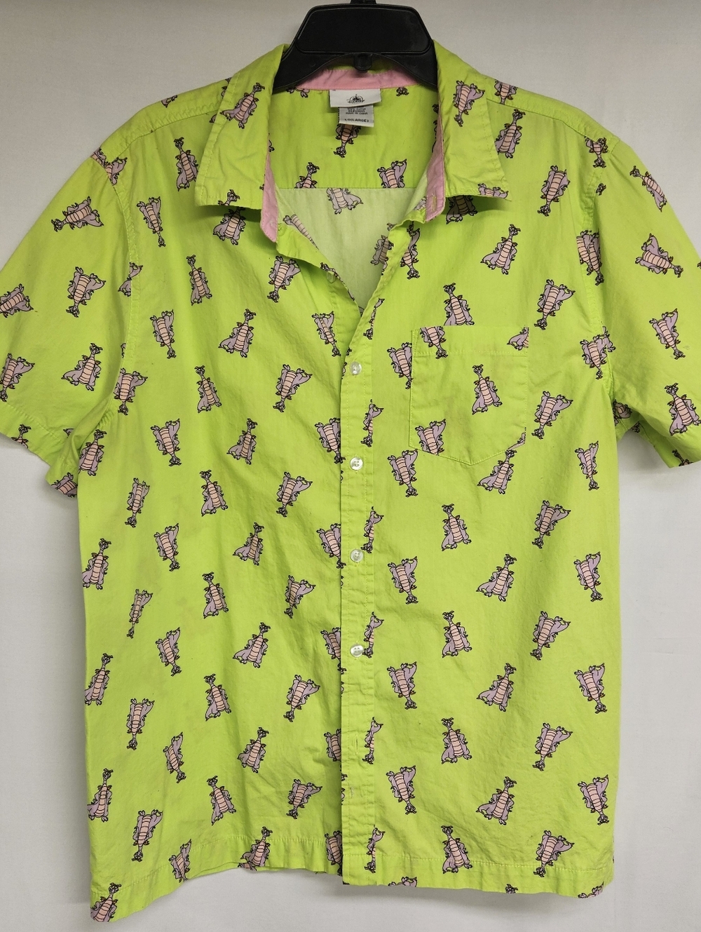 DISNEY FIGMENT AOP DRESS BUTTON DOWN COLLAR SHIRT  LARGE GREEN PINK